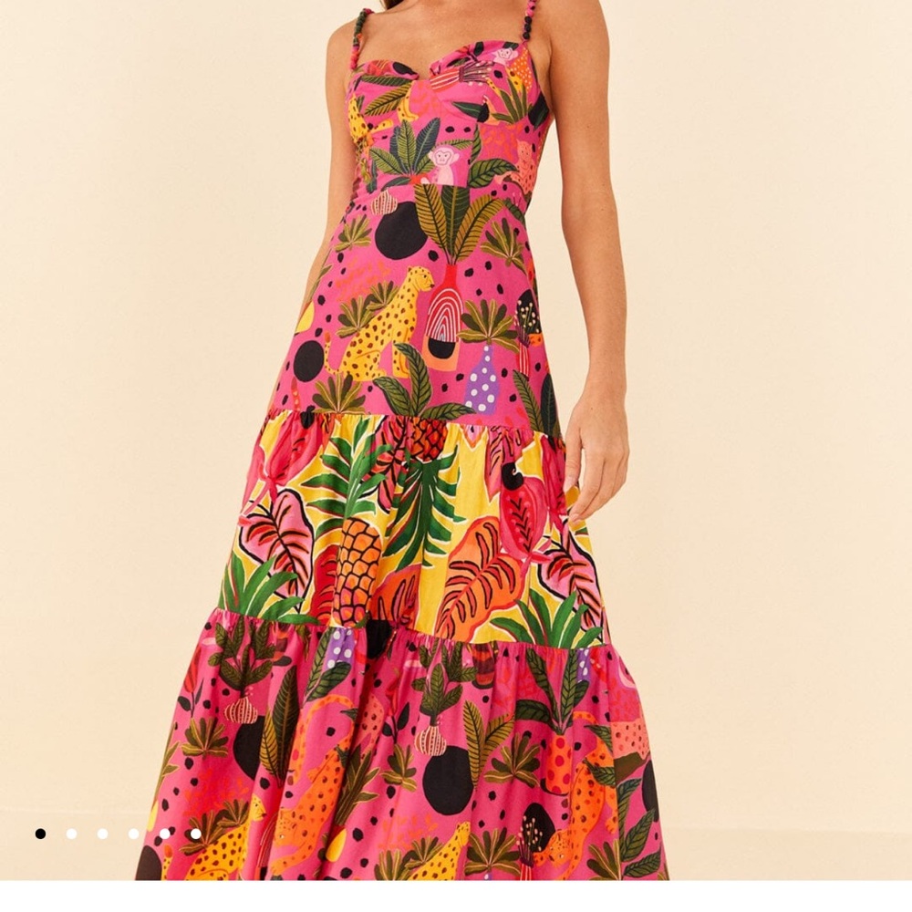 Pink Tropical Print Tiered Maxi Dress